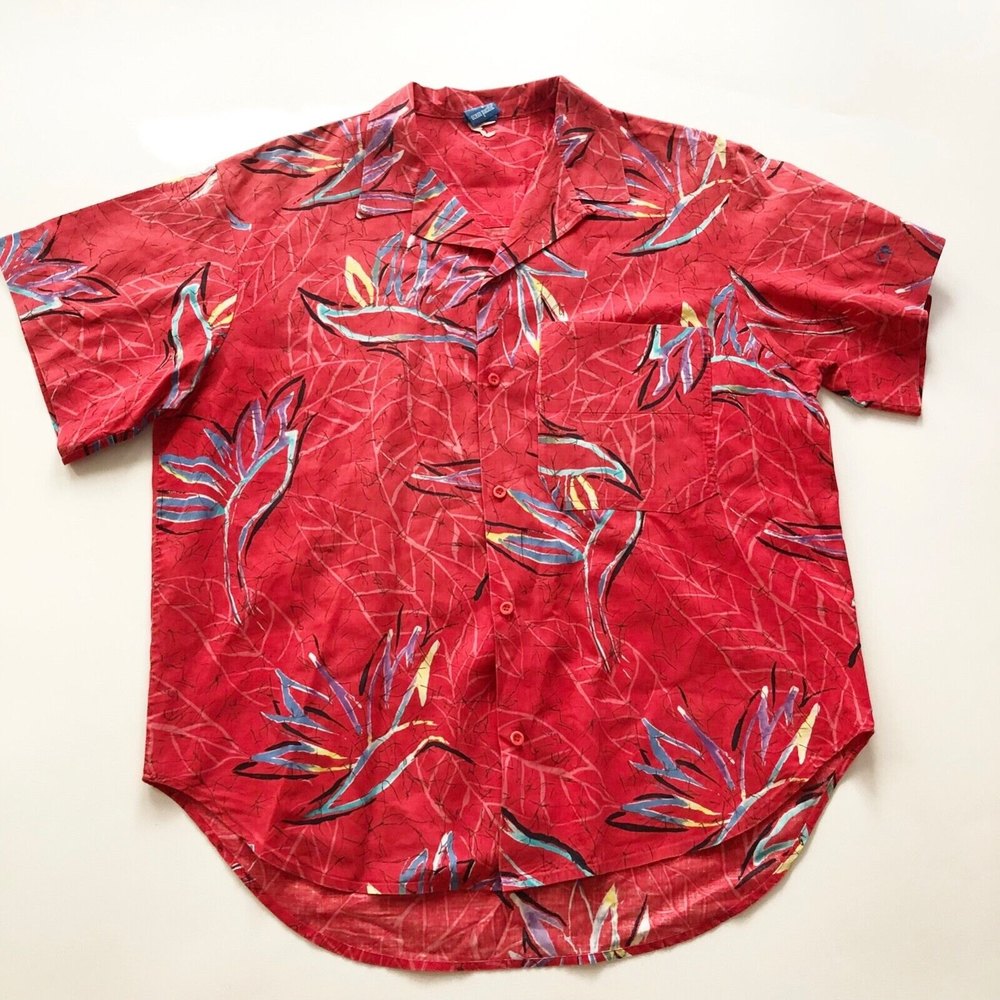 Vtg 80s OP Ocean Pacific Hawaiian Shirt Red w Birds of Paradise Bold Colorful